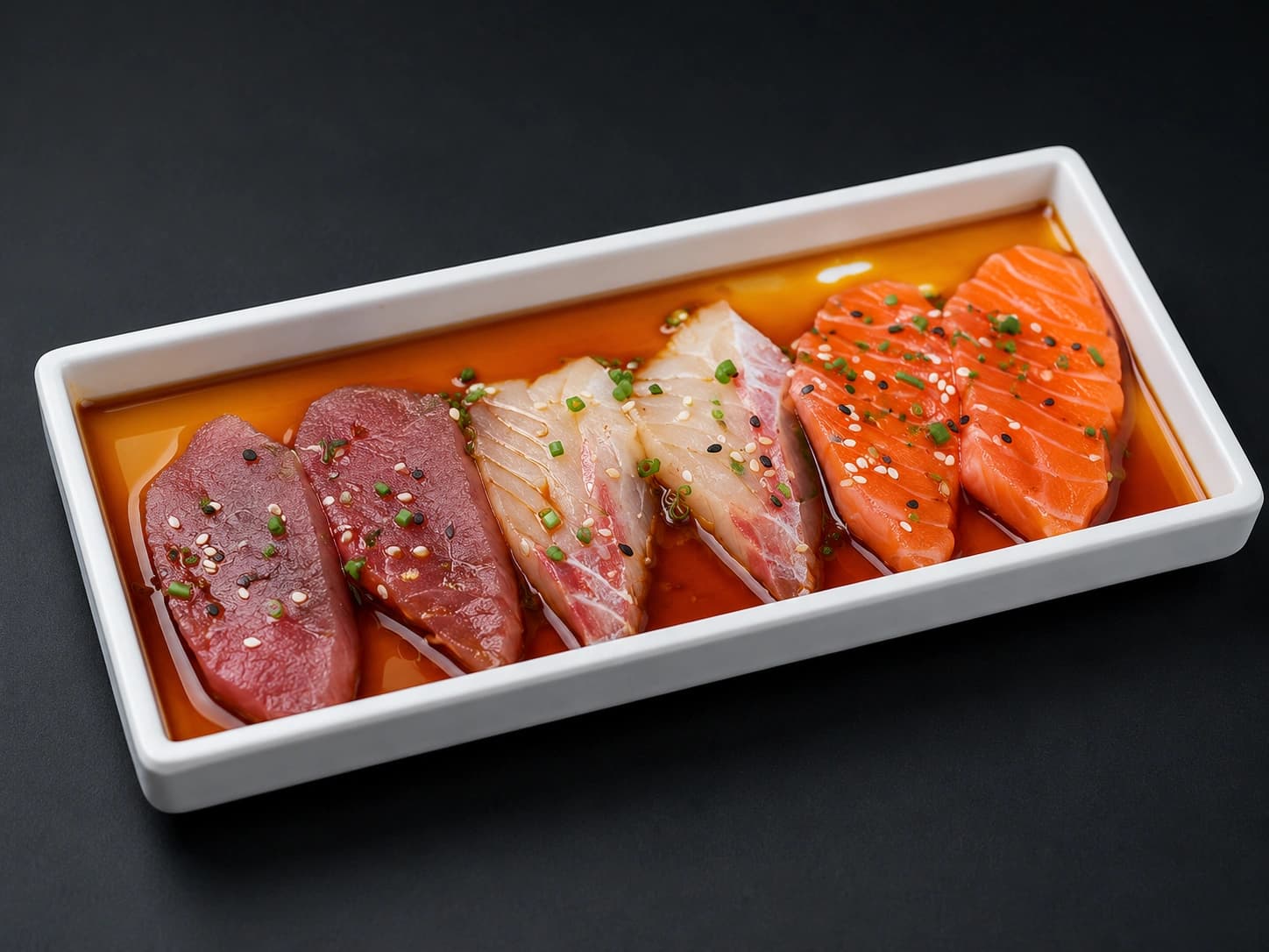 Sashimi de atum, peixe branco e salmão