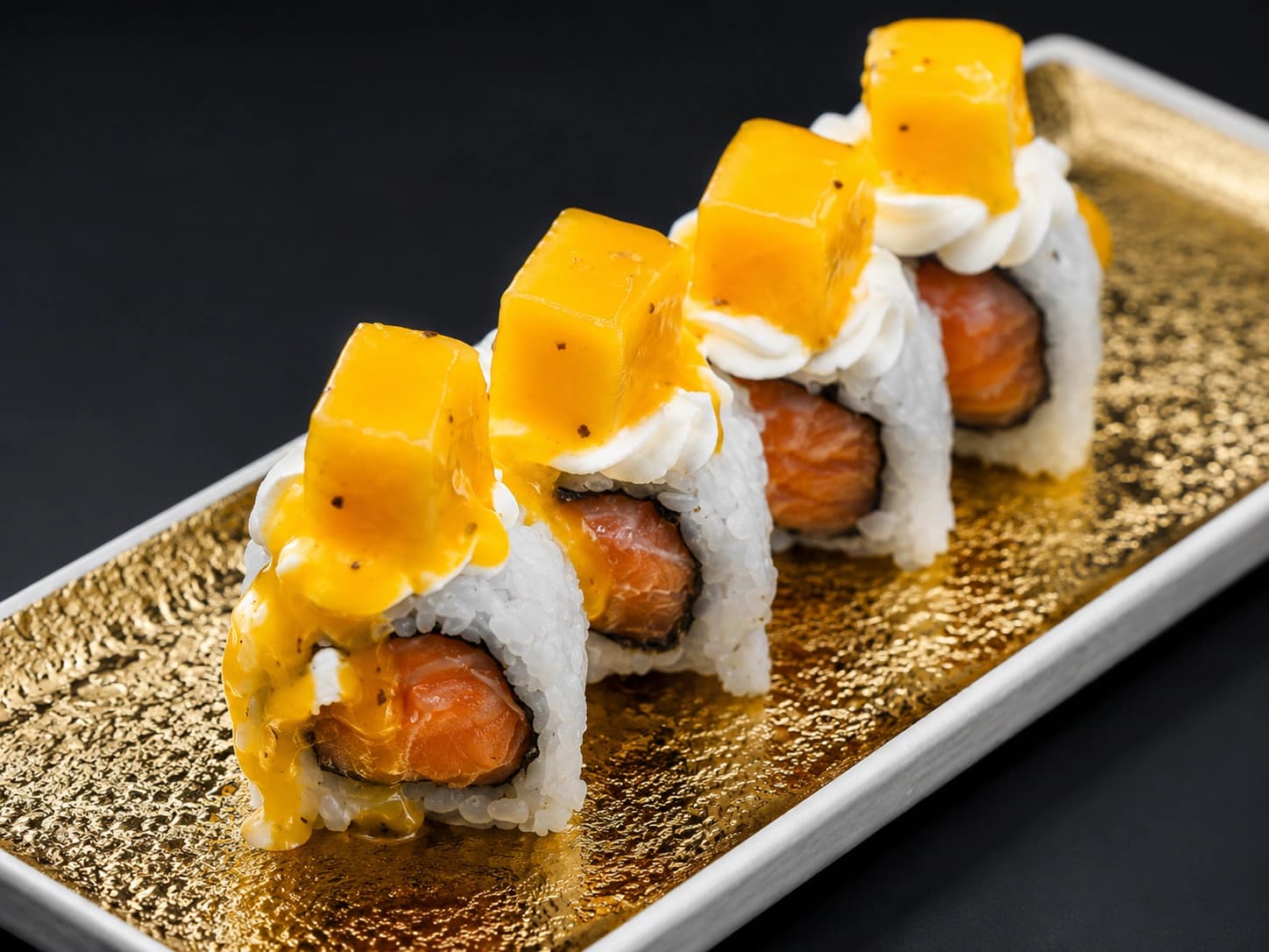Rolo de salmão com manga e queijo creme