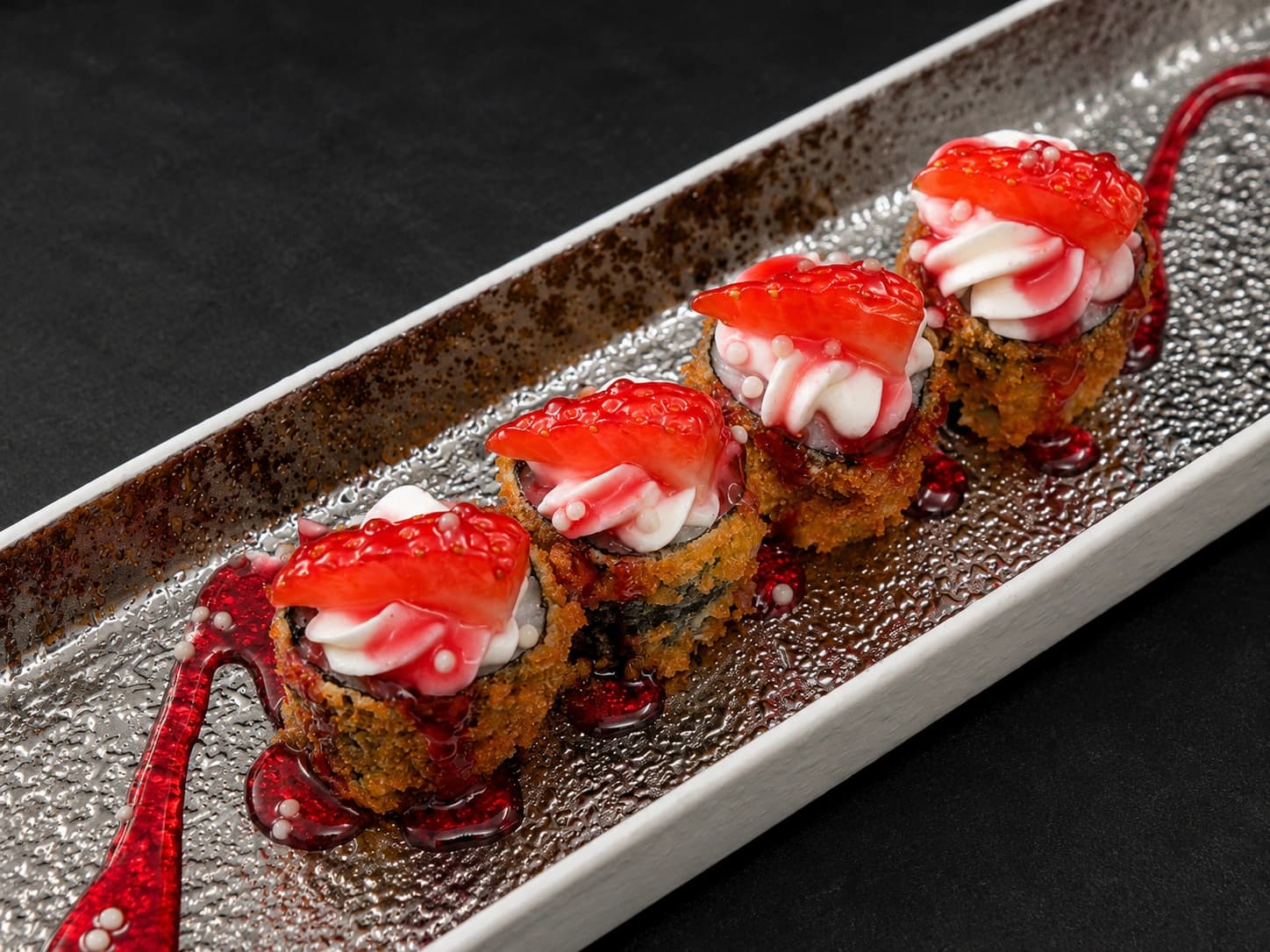 Sushi frito com morango e creme